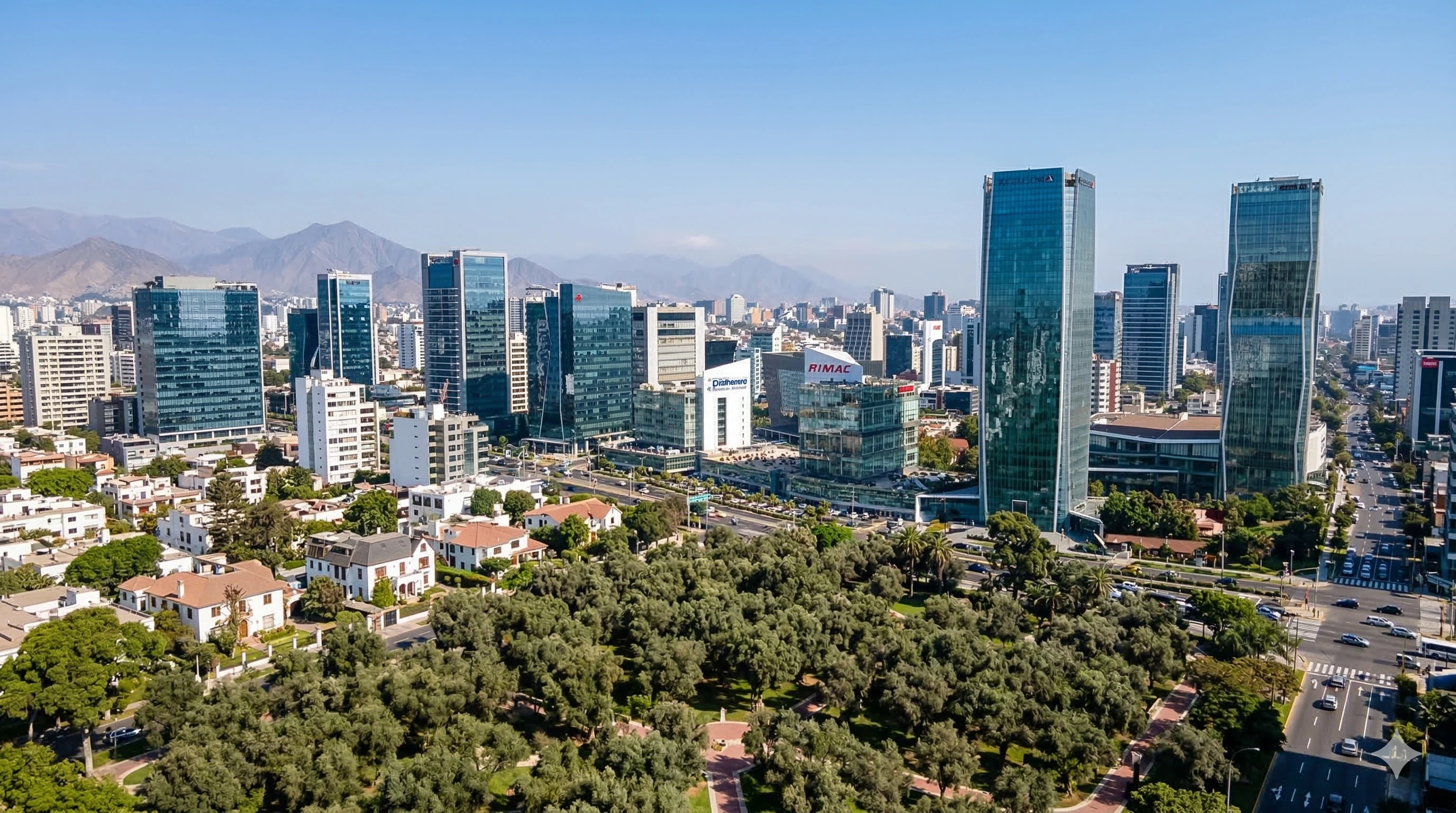 Distrito financiero de San Isidro en Lima, Perú — centro de operaciones bancarias y sede de consultoría en AI Governance y Data Governance